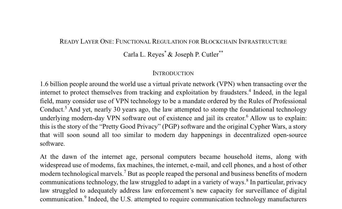 Hedera is proud to have supported the development of the paper “Ready Layer One: Functional Regulation for Blockchain Infrastructure” by <a href="/Prof_CarlaReyes/">Carla L. Reyes</a> &amp; <a href="/talkhardbeheard/">Joseph Cutler</a>, outlining a framework for treating decentralized Layer-1 &amp; Layer-2 protocols as digital infrastructure