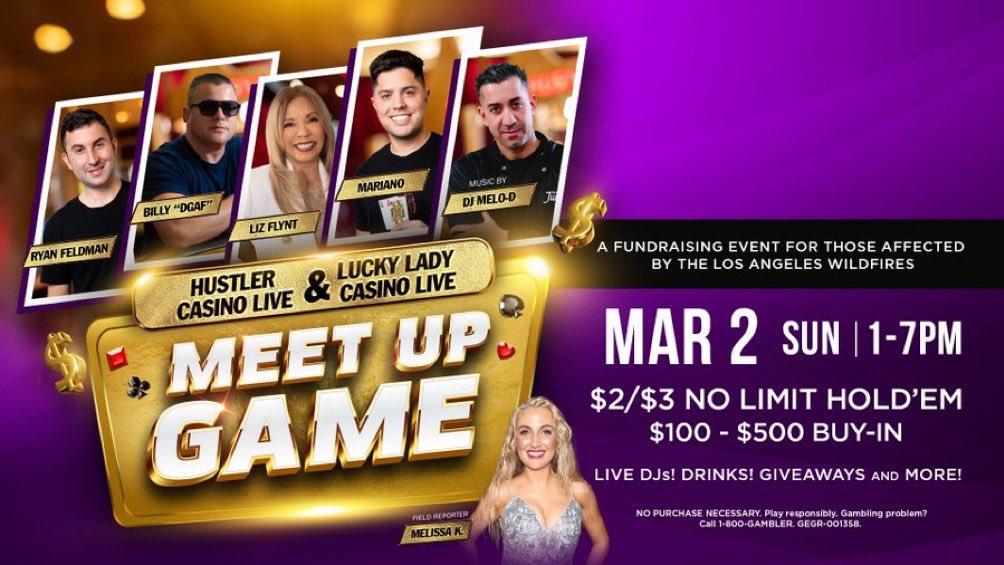 This Sunday, March 2 — the biggest meetup game ever

1pm-7pm at <a href="/HUSTLERCASINOLA/">HUSTLER Casino</a> 

Proceeds benefit those affected by the LA wildfires

<a href="/DJMeloD/">DJ Melo D</a> will be the DJ

All your favorite HCL players will be in attendance playing $2/3 

The biggest event of the year!!

Will you be there?