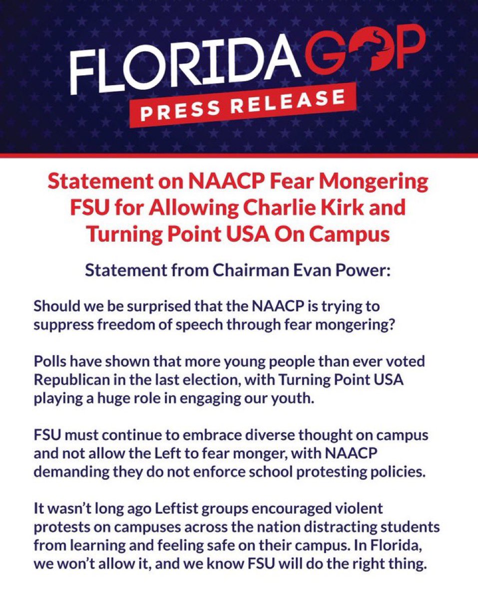 College Republicans at FSU (@fsugop) on Twitter photo College Republicans at Florida State University stands in support of <a href="/EvanPower/">Evan Power</a> and <a href="/FloridaGOP/">Florida GOP</a> statement and stands in support of <a href="/TPUSA/">Turning Point USA</a> at Florida State University on their decision to bring <a href="/charliekirk11/">Charlie Kirk</a> to campus. College Republicans at Florida State University stands in support of <a href="/EvanPower/">Evan Power</a> and <a href="/FloridaGOP/">Florida GOP</a> statement and stands in support of <a href="/TPUSA/">Turning Point USA</a> at Florida State University on their decision to bring <a href="/charliekirk11/">Charlie Kirk</a> to campus.