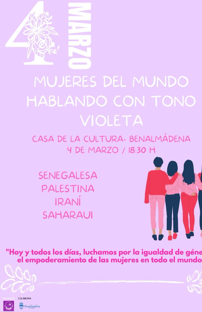 Asociación Al-Quds (@alqudsandalucia) on Twitter photo Con motivo del Día de la Mujer, martes 4 de marzo mesa redonda en #Benalmádeba con mujeres en zonas de conflicto. Por el pueblo #saharaui participará Amira
<a href="/MalagaAcoge/">Malaga Acoge</a>
<a href="/MalagaSolidaria/">Málaga Solidaria</a>
<a href="/malagahoy_es/">Málaga Hoy</a>
<a href="/CoordinadoraAcP/">Andalucía con Palestina</a>
<a href="/Rasd_TVOficial/">TV Saharaui 🇪🇭 En Español</a>
<a href="/CEASsahara/">CEAS SAHARA</a>
<a href="/ElSalto_And/">El Salto Andalucía</a>
<a href="/colorcomun/">Color Comunitaria - antes Onda Color de Málaga</a> Con motivo del Día de la Mujer, martes 4 de marzo mesa redonda en #Benalmádeba con mujeres en zonas de conflicto. Por el pueblo #saharaui participará Amira
<a href="/MalagaAcoge/">Malaga Acoge</a>
<a href="/MalagaSolidaria/">Málaga Solidaria</a>
<a href="/malagahoy_es/">Málaga Hoy</a>
<a href="/CoordinadoraAcP/">Andalucía con Palestina</a>
<a href="/Rasd_TVOficial/">TV Saharaui 🇪🇭 En Español</a>
<a href="/CEASsahara/">CEAS SAHARA</a>
<a href="/ElSalto_And/">El Salto Andalucía</a>
<a href="/colorcomun/">Color Comunitaria - antes Onda Color de Málaga</a>