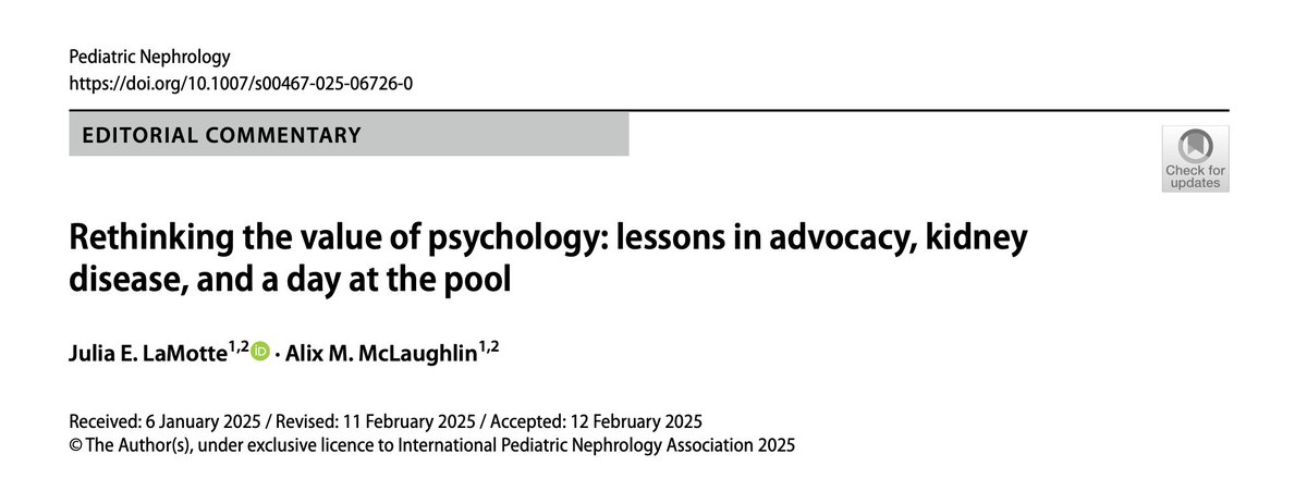 IU/Riley Childrenās Health Peds Nephrology (@iupedskidney) on Twitter photo Thrilled to see this important commentary "Rethinking the value of psychology" published in <a href="/Ped_Neph/">Pediatric Nephrology</a>. Written by our two incredible pediatric psychologists on our team (Drs. Julia LaMotte and Alix McLaughlin) this is a powerful commentary on the importance of their work. Thrilled to see this important commentary "Rethinking the value of psychology" published in <a href="/Ped_Neph/">Pediatric Nephrology</a>. Written by our two incredible pediatric psychologists on our team (Drs. Julia LaMotte and Alix McLaughlin) this is a powerful commentary on the importance of their work.