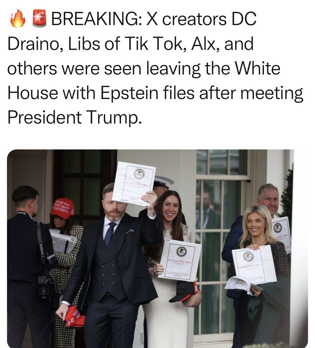 EloWantsToKnow's tweet photo. Based on available information, several independent journalists and conservative commentators were reportedly given binders labeled "The Epstein Files" following a meeting at the White House on February 27, 2025. These binders were said to contain documents related to Jeffrey Epstein, as promised by Attorney General Pam Bondi. The individuals spotted with these binders include:

- **Rogan O'Handley** (known as DC_Draino), a political commentator.
- **Chaya Raichik** (creator of Libs of TikTok), another prominent conservative influencer.
- **Jack Posobiec**, a known conservative journalist and commentator.
- **Mike Cernovich**, an independent journalist and writer.

Only independent journalists.
No MSM had a copy it seems.