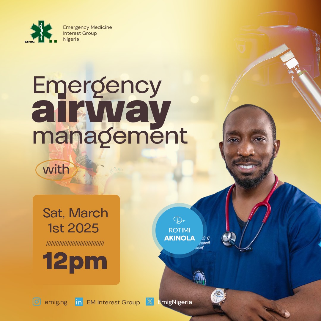 emignigeria's tweet image. Entering March with a webinar on Emergency Airway Management.

At EMIG, we are not only pumped up about Emergency Medicine, we actually get trained on life saving procedures.

See you in class... 
#emig #emergencymedicine 
#emignigeria #airwaymanagement