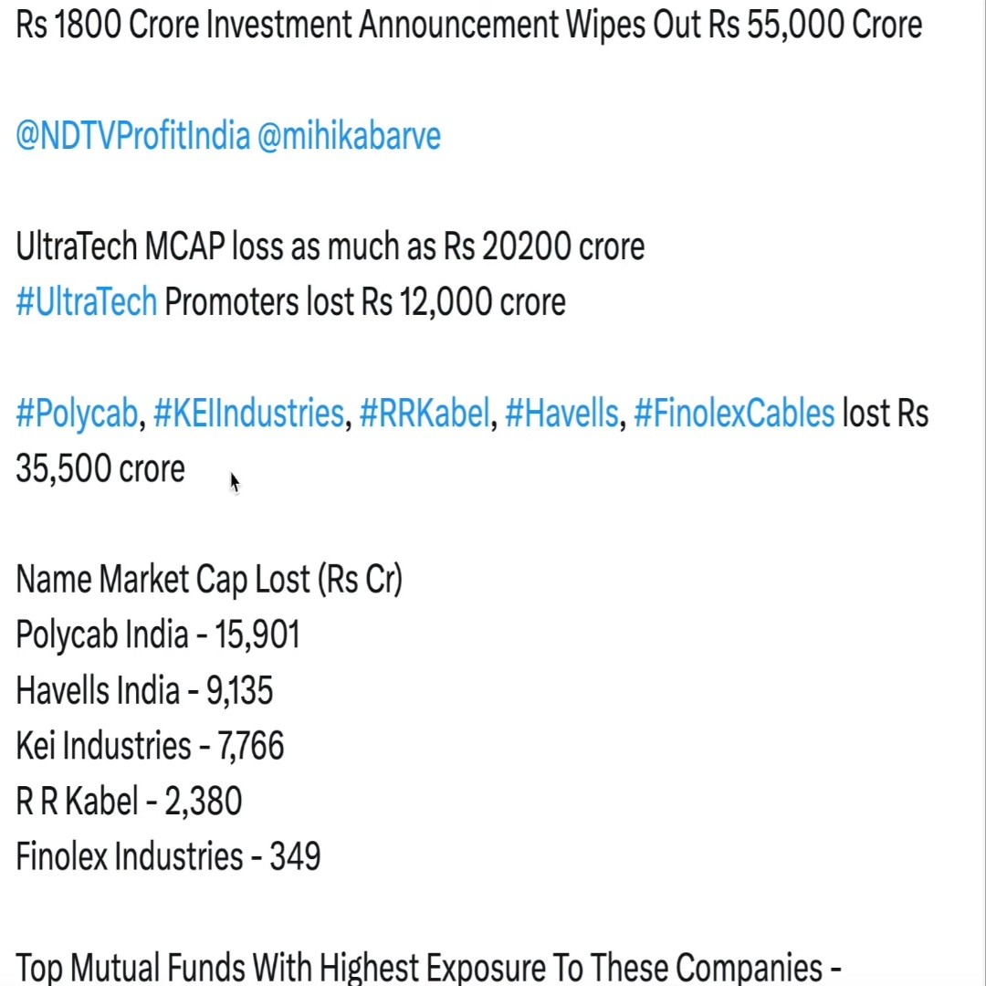 bullslbears's tweet image. 🔸️#UltraTechCement company enters into #wirecable segment. 
🔸️55,000Cr loss because of Ultra Tech Cement announce to coming cable wire segment. 
🔸️cable wire margins 8% compare to Cement 15% But maintain wire cable 30%CAGR compare to #cement 12%CAGR.
#stockmarketsindia