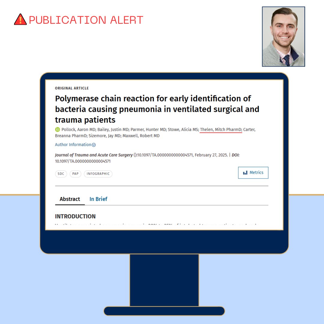 🥳 Congrats to the @utchattsurgery and @erlangerpharmresidency team (which included pharmacy residency preceptor Dr. Mitch Thelen) on their recent publication in the Journal of Trauma and Acute Care Surgery!