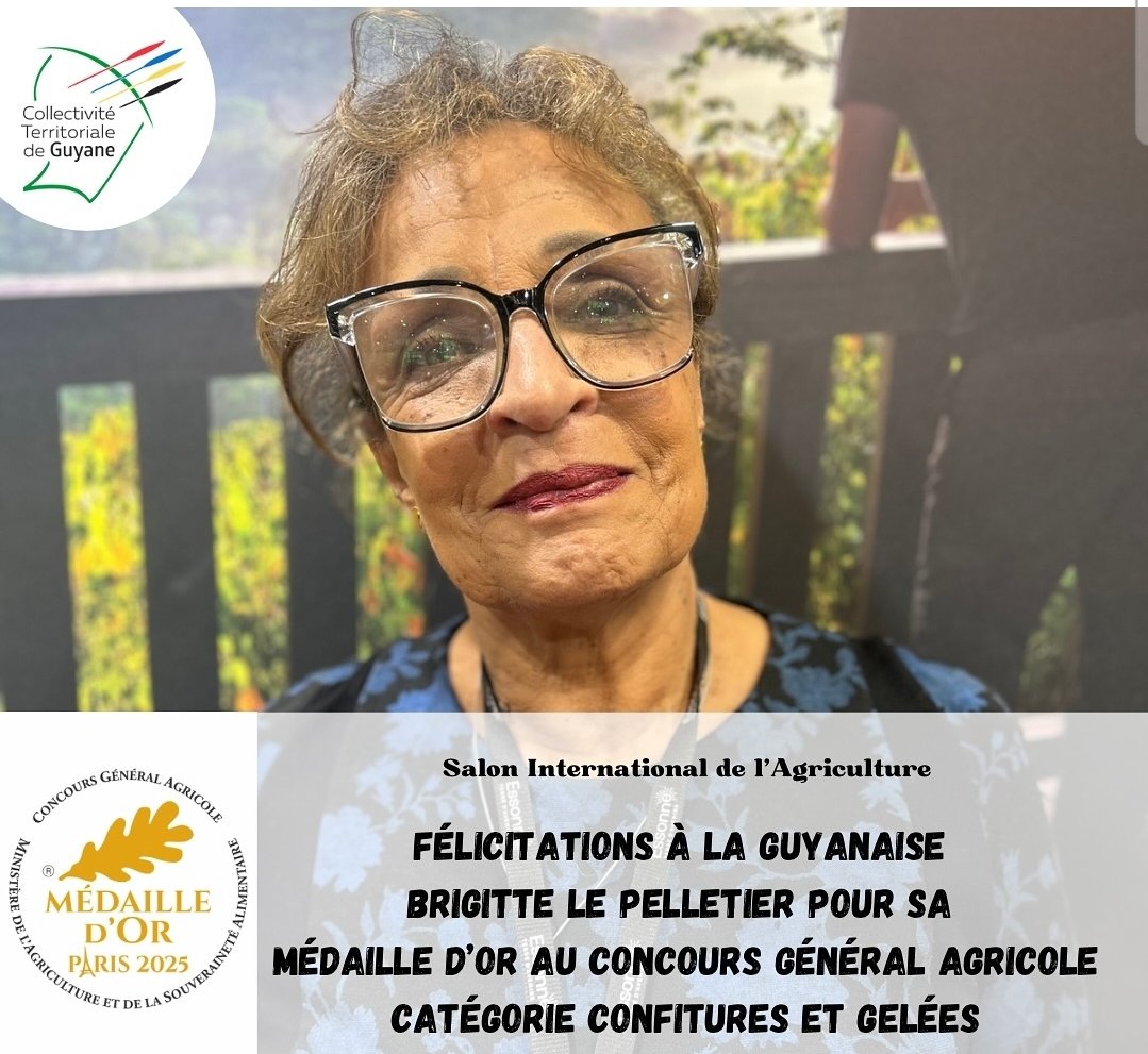 La Guyane remporte deux médailles d'argent au concours général agricole : le miel de la Miellerie de Macouria et le rhume de la Distillerie Saint-Maurice.
La guynaise Brigitte LEPELLETIER gagne la 🏅 pour sa confiture de citrons bio.
Félicitations !