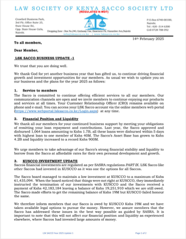 Law Society of Kenya Sacco Society Ltd takes a Kes 19.25 million hit from the unravelling of KUSCCO. 

The Sacco has informed members it managed to pull out Kes 42.18 million, out of Kes 61.44 million, as soon as it emerged that KUSCCO had run unto headwinds. 

Again, disclosures