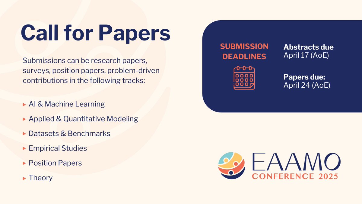 🚨 Call for Papers – #EAAMO25 🚨

We invite researchers, practitioners &amp; policymakers to submit work on equity, access, &amp; fairness in algorithms, optimization &amp; mechanism design.

📅 Abstracts due Apr-17 
📅 Papers due April-24

🔗 Learn more: conference.eaamo.org/cfp/

#EquityinAI