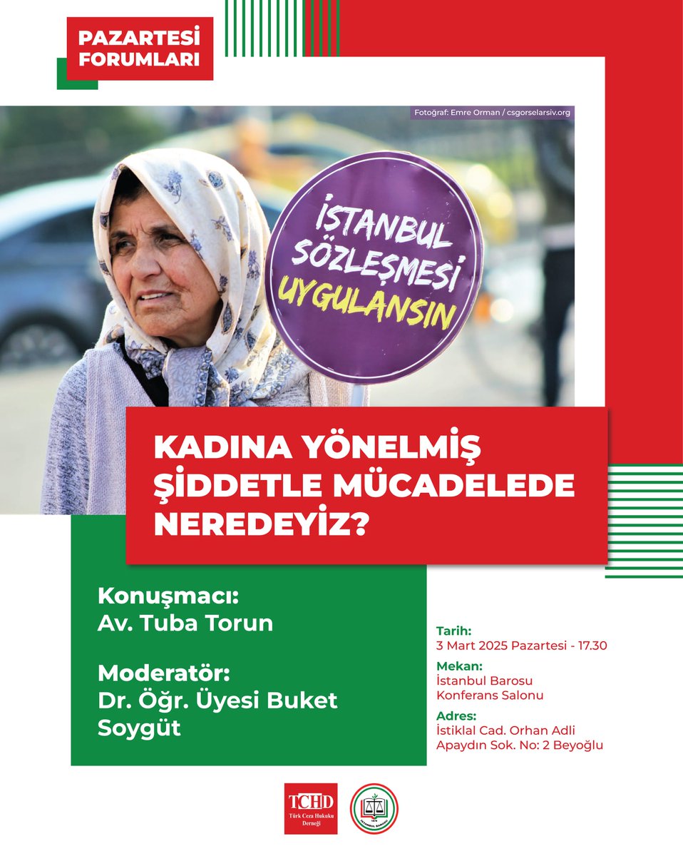 “Kadına Yönelmiş Şiddetle Mücadelede Neredeyiz?” başlığıyla 3 Mart saat 17:30’da İstanbul Barosu’nda yapılacak olan #PazartesiForumu'nda Dr. Öğr. Üyesi Buket Soygüt moderatör; Av. Tuba Torun konuşmacı olacaktır.