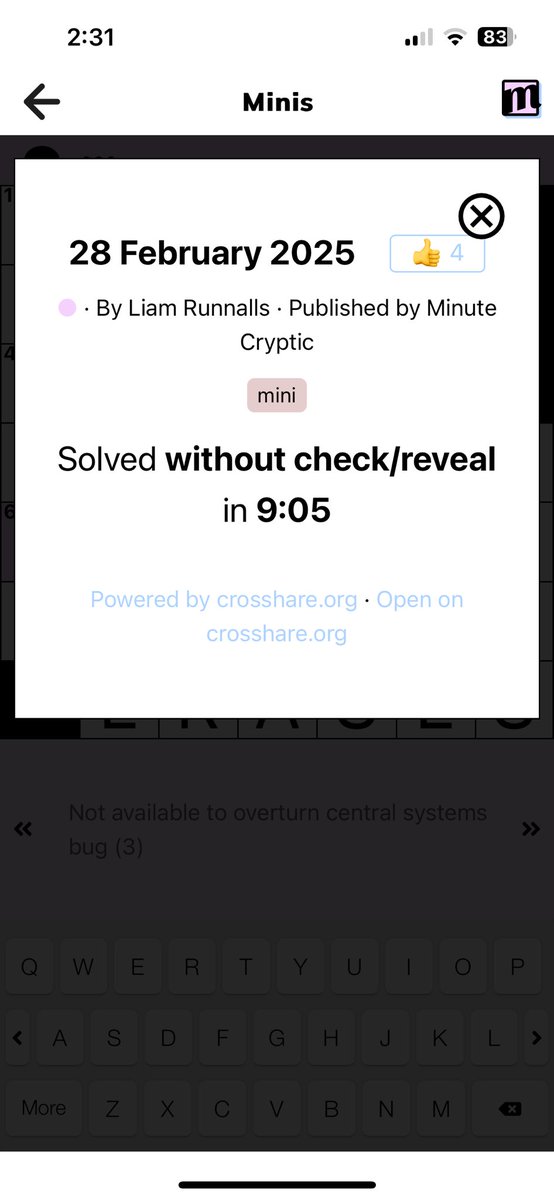PharmDinDOworld's tweet image. This may be one of my proudest accomplishments recently 😂😂
After 95-days of completing @minutecryptic’s and a total of 137 solved clues, I finally solved an entire mini without assistance.
