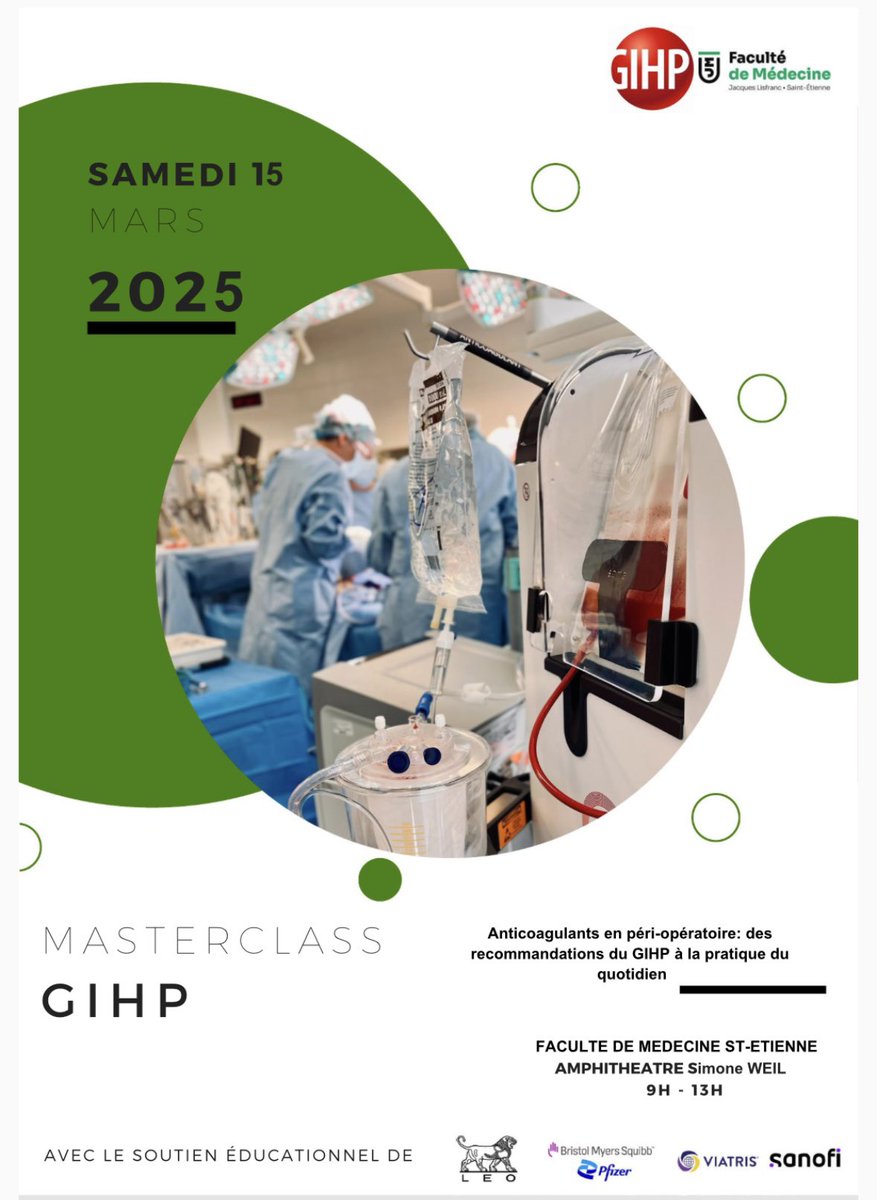 GIHP (@gihp_official) on Twitter photo Tryptique. Panneau 1.
Vous n’avez rien de prévu samedi 15 mars? Par chance le GIHP fait sa masterclass annuelle à cette date! Et à Saint-Etienne.🏨💉🩸🌡️💊🩹📝
Venez donc discuter d’hémostase, de thrombose et d’hémorragie!
Inscription: masterclassgihp@chu-st-etienne.fr
<a href="/SFAR_ORG/">SFAR Anesthésie Réanimation</a> Tryptique. Panneau 1.
Vous n’avez rien de prévu samedi 15 mars? Par chance le GIHP fait sa masterclass annuelle à cette date! Et à Saint-Etienne.🏨💉🩸🌡️💊🩹📝
Venez donc discuter d’hémostase, de thrombose et d’hémorragie!
Inscription: masterclassgihp@chu-st-etienne.fr
<a href="/SFAR_ORG/">SFAR Anesthésie Réanimation</a>
