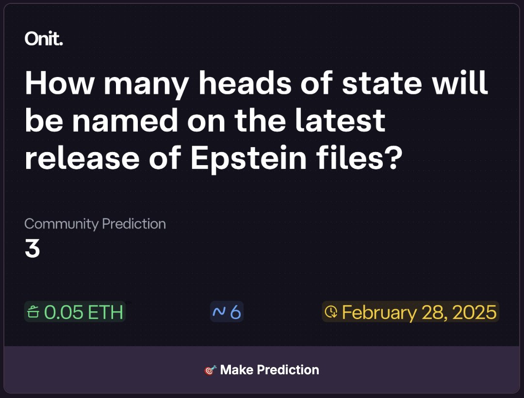jamco.eth (@james_mccomish) on Twitter photo Epstein files set to be released soon, so not long left to bet on the latest <a href="/onit_fun/">Onit - The prediction market protocol</a> market!
Link to Farcaster frame below... Epstein files set to be released soon, so not long left to bet on the latest <a href="/onit_fun/">Onit - The prediction market protocol</a> market!
Link to Farcaster frame below...