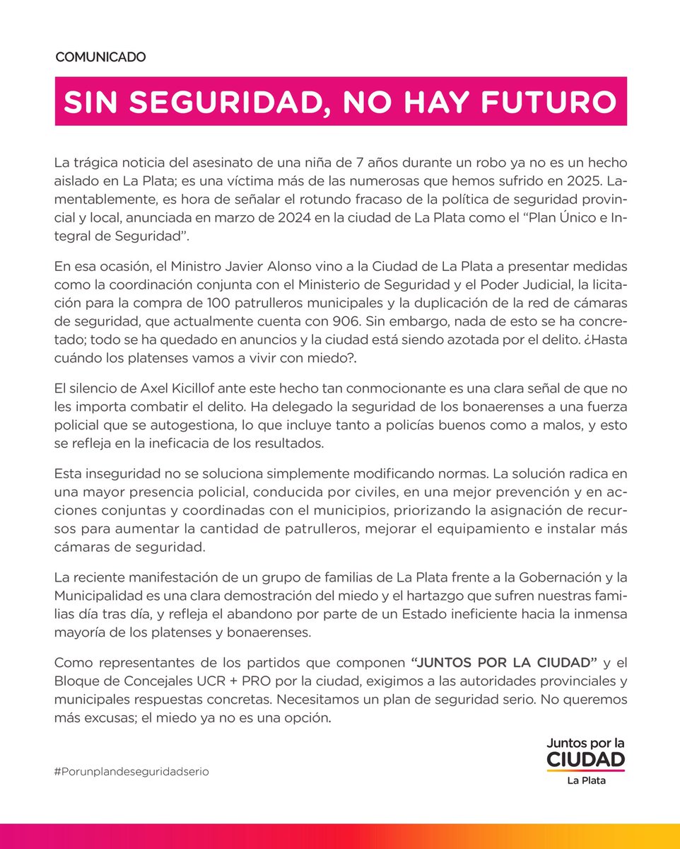 Sin seguridad, no hay futuro. Desde Juntos por la Ciudad, exigimos respuestas concretas y un plan integral de seguridad. Comunicado 📢