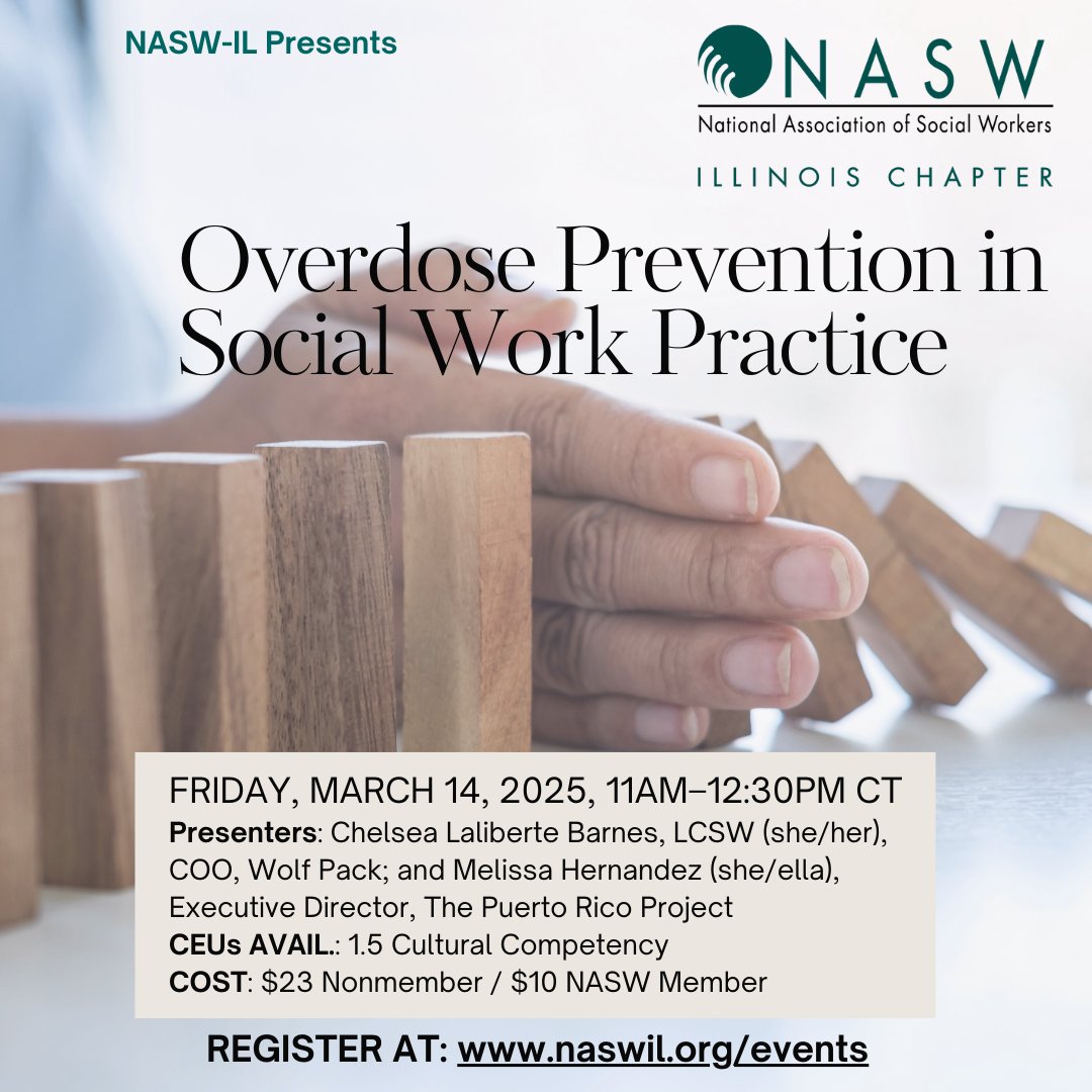 NASWIL's tweet photo. Join #Naswil for this important CEU training! Overdose Prevention in Social Work Practice is taking place live virtually on 3/14. Earn 1.5 CEUs while learning from harm reduction experts Chelsea Laliberte Barnes & Melissa Hernandez.
Register and more at: https://t.co/3BeTQbKJLH https://t.co/IksyLI7QXz