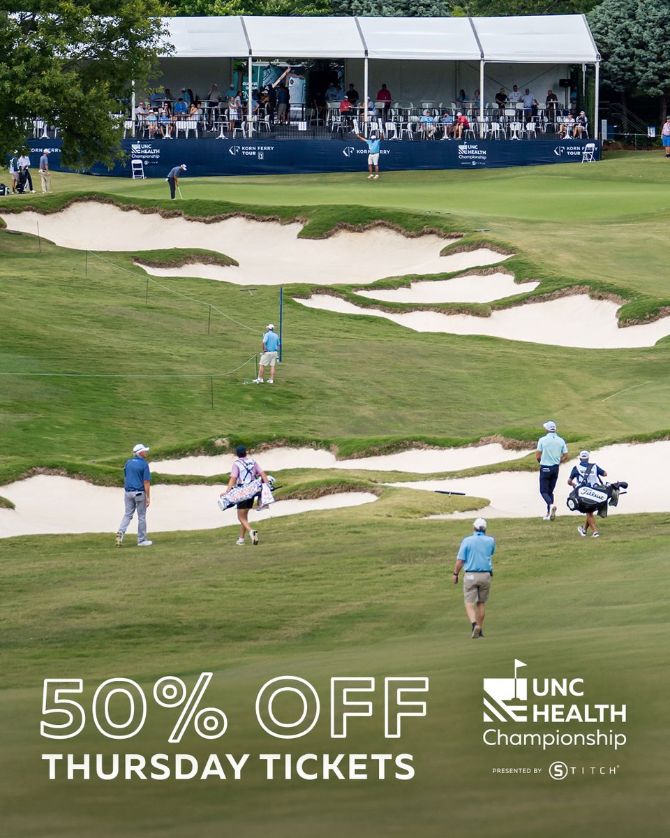 Don’t miss your chance to experience the excitement of the UNC Health Championship presented by @stitchgolf for 50% OFF Thursday tickets! Mark your calendars for Thursday, May 29 and grab your discounted tickets now with the link in our bio!⛳️