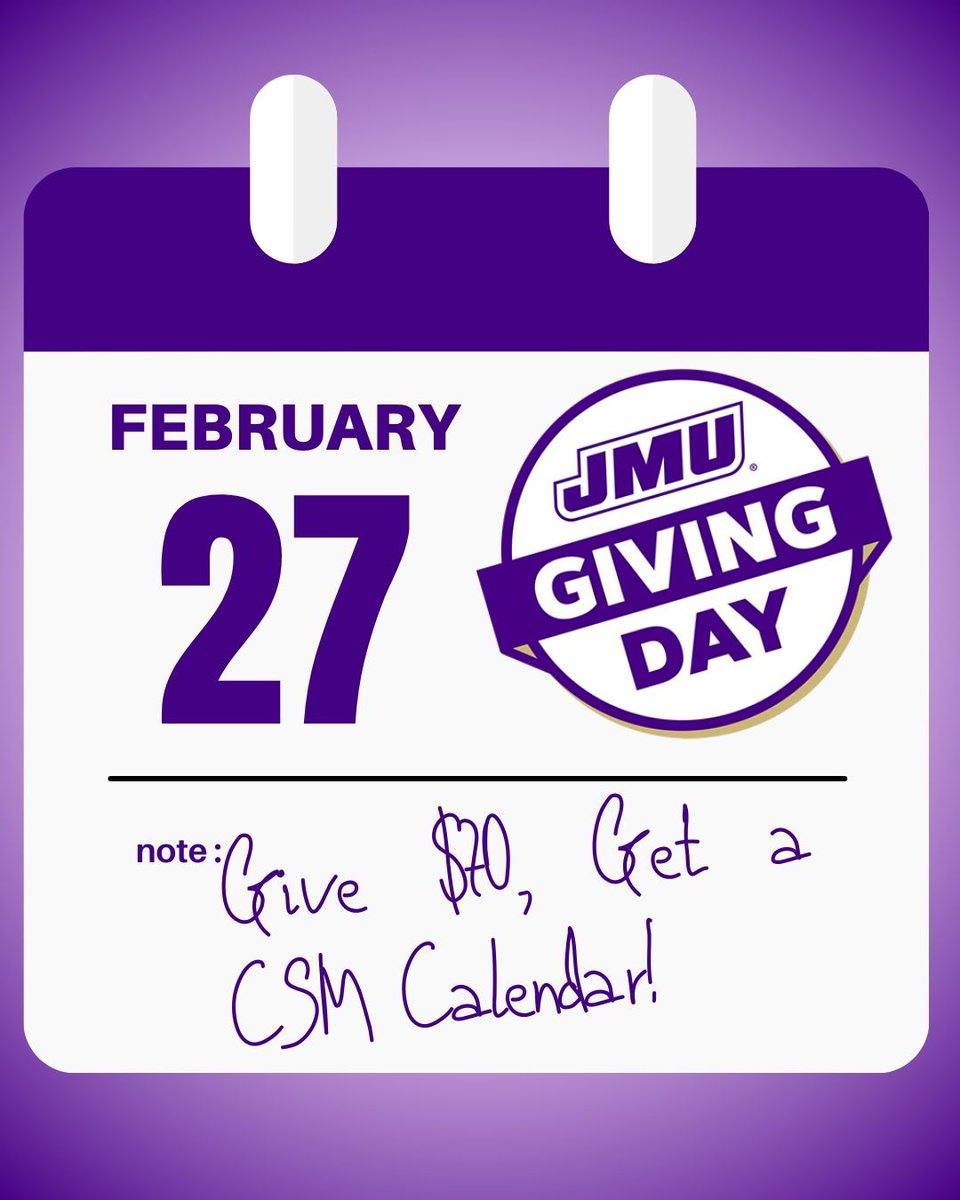 We appreciate your generosity and support of our students! That's why we'd like to send a CSM Calendar to anyone who donates at least $70 to one of our funds. Visit bit.ly/givingday_csm2… to learn more.

#JMUGivingDay #JMUDukes #JMUalumni #studentresearch #philanthropy