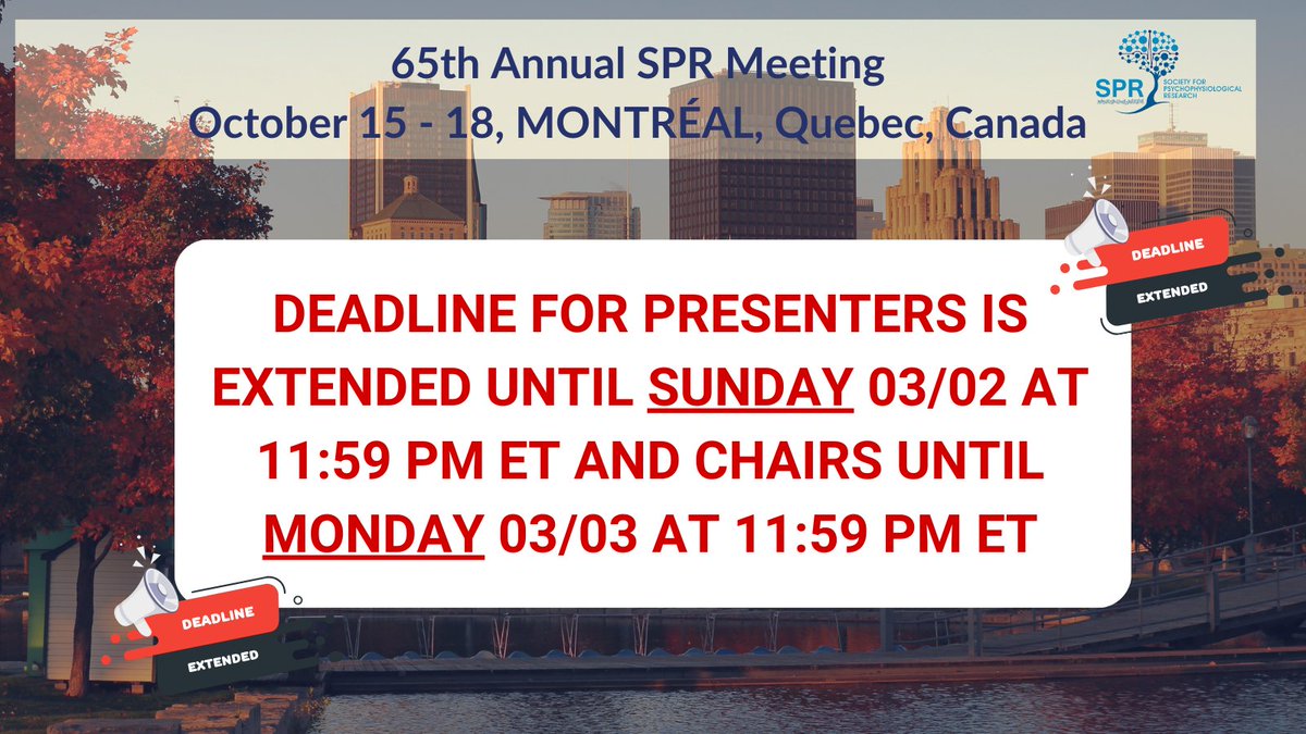 📢 Submission deadline update!  
PRESENTERS: Submit individual abstracts by March 2, 2025, 11:59 PM ET
CHAIRS: Add the overall abstract &amp; finalize by March 3, 2025, 11:59 PM ET Don't miss out!  spr.joynmeeting.com/v2/