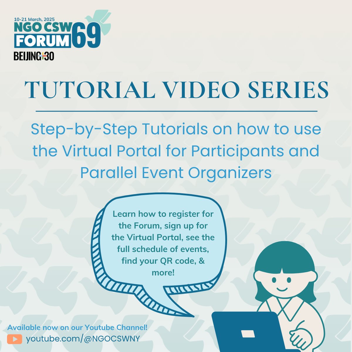 📢 #NGOCSW69 Virtual Portal Tutorials are live!

🎥 Learn how to:
✅ Register for the Forum
✅ Sign up for the Virtual Portal
✅ Access the schedule &amp; QR code

Watch on our YouTube Channel now via the link in our bio 🖇️

#CSW69 #Beijing30 #NGOCSW #OnlineEvents