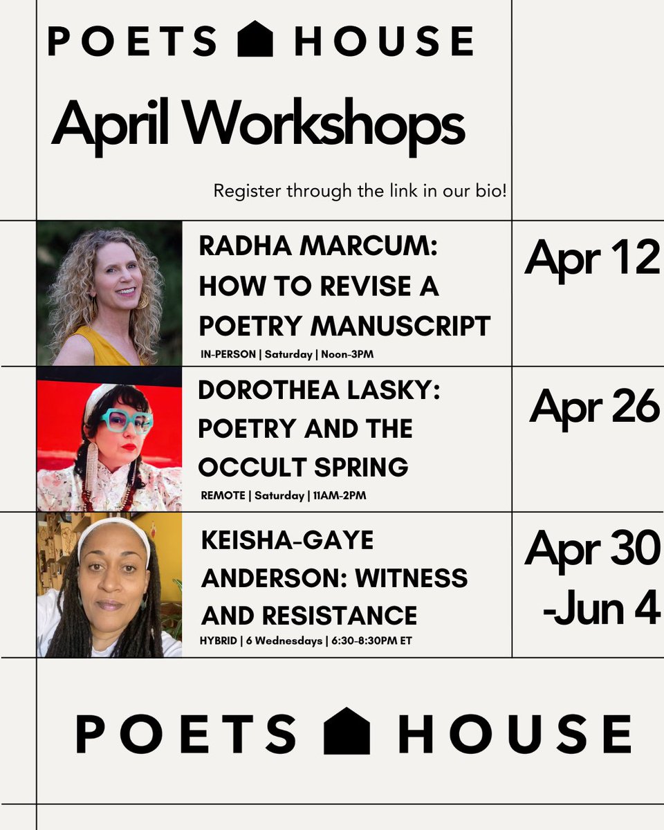 poetshouse's tweet image. March and April workshop sign ups are available! Single session intensives, 4-week and 6-week courses. These online and in-person workshops with established and accomplished poets will stretch and inspire your poetry skills.
Register for a class here: poetshouse.org/programs-event…