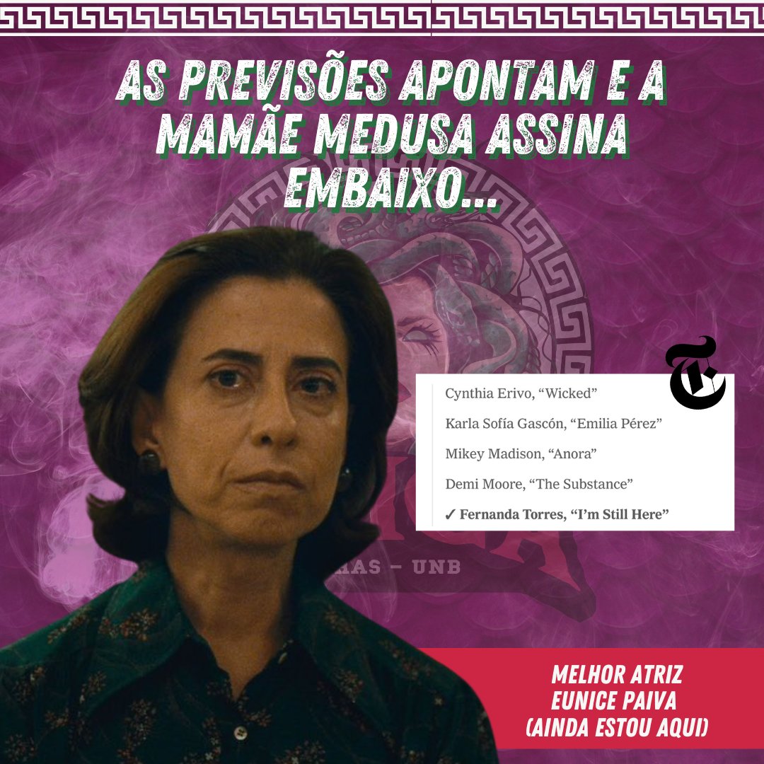 epicaunb's tweet photo. 🏆 VOCÊS VIRAM A FERNANDA TORRES? Sim, não é uma propaganda enganosa, a mamãe Medusa veio do futuro para dizer que seremos Oscars Winner com #ImStillHere #AindaEstouAqui 🇧🇷🩷💚🐍 Estamos concorrendo em melhor filme, atriz e filme internacional. https://t.co/s5OtneFhIl