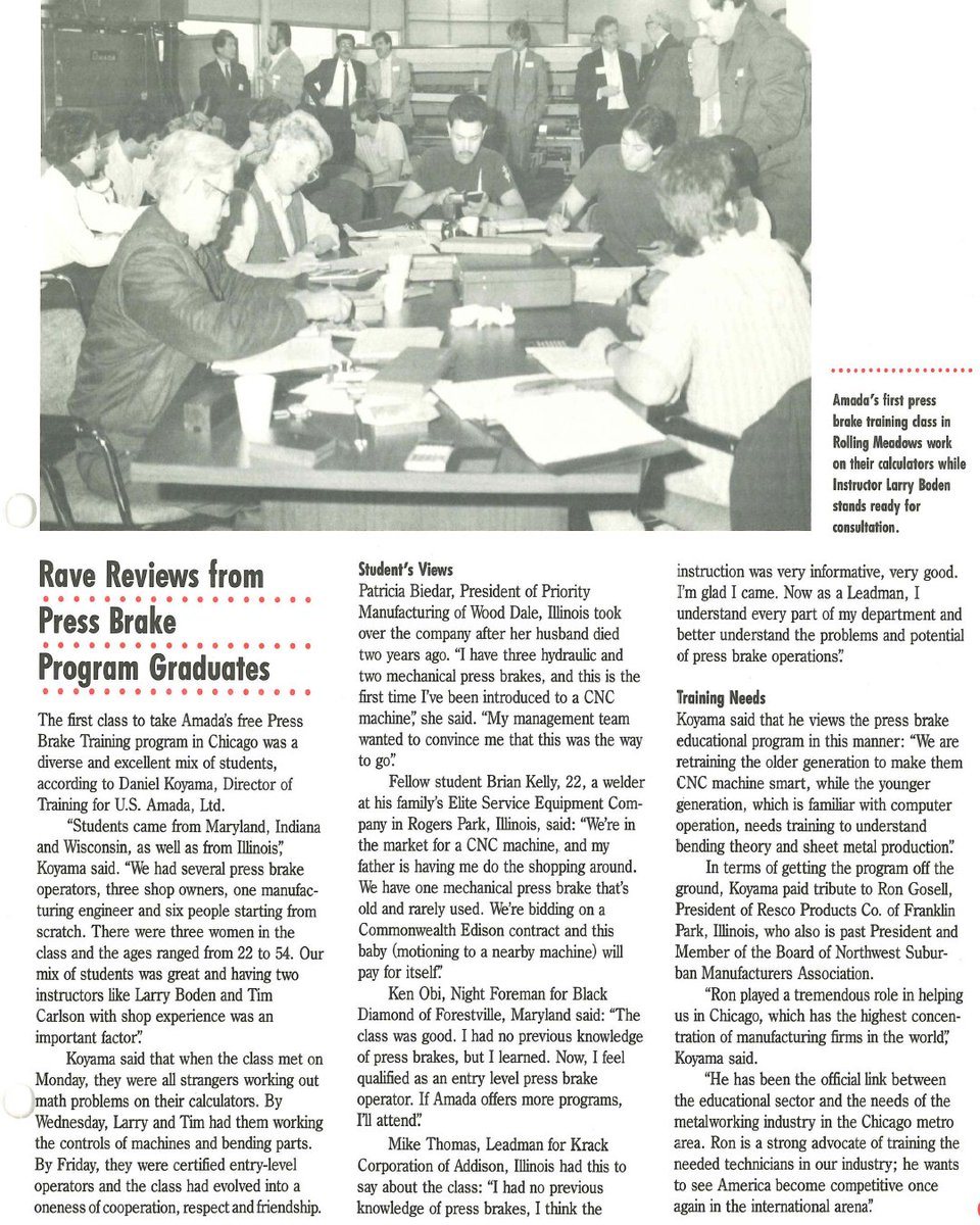 AmadaAmericaInc's tweet image. Started in Chicago in 1989, The AMADA #PressBrake #TrainingProgram marked the first time any company in the industry had devoted its resources to address the industry's need for trained operators.
#AMADAAMERICA #AMADAhistory #training #pressbraketraining #machinetraining