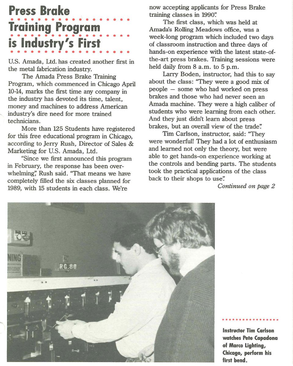 AmadaAmericaInc's tweet image. Started in Chicago in 1989, The AMADA #PressBrake #TrainingProgram marked the first time any company in the industry had devoted its resources to address the industry's need for trained operators.
#AMADAAMERICA #AMADAhistory #training #pressbraketraining #machinetraining