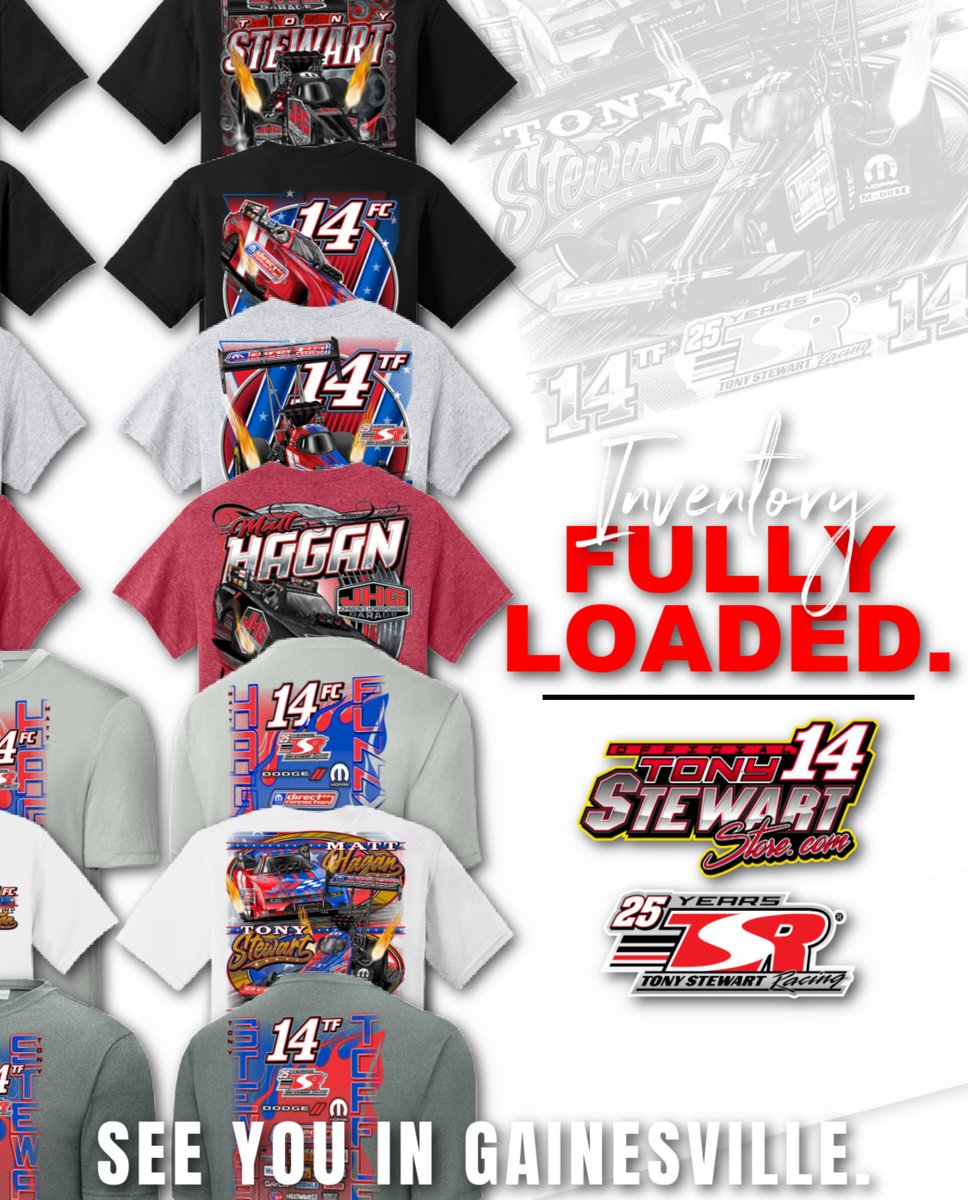 OUR 2025 <a href="/TonyStewart/">Tony Stewart</a>  &amp; <a href="/MattHagan_FC/">Matt Hagan</a> Spring designs are now available ONLINE!

We will be trackside next weekend at Gainesville!

SHOP >>> tonystewartstore.com