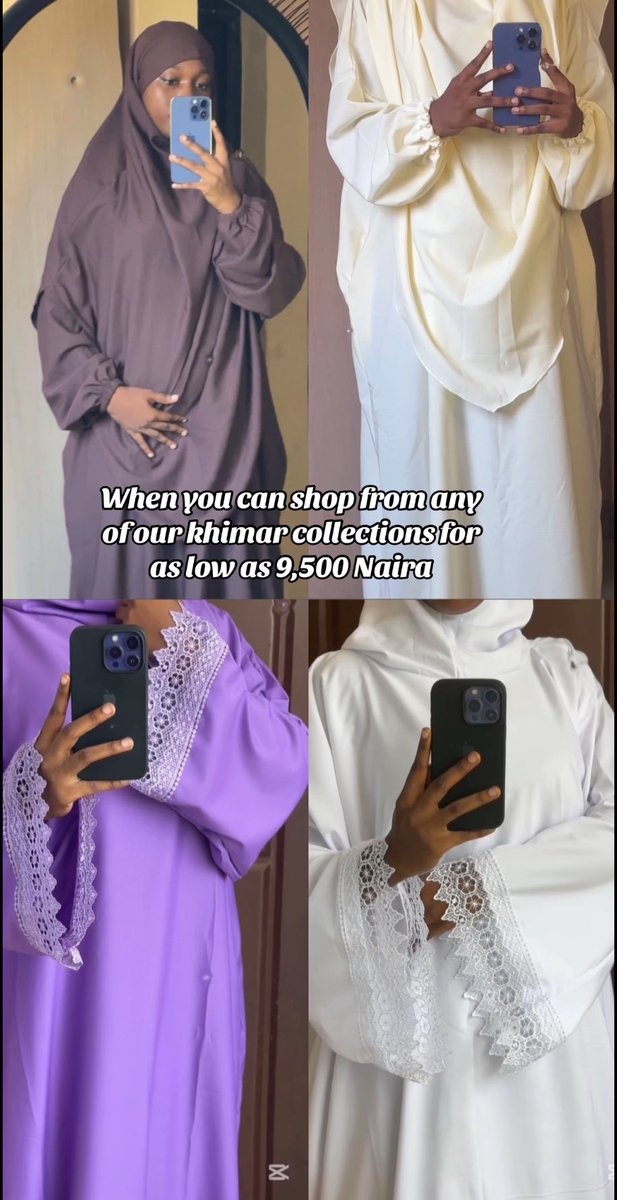 Don’t just tie scarf for taraweeh, get a convenient prayer dress😊

Lace edge khimar: 9,500 Naira
Hijab and gown: 11,000 Naira
07081249902