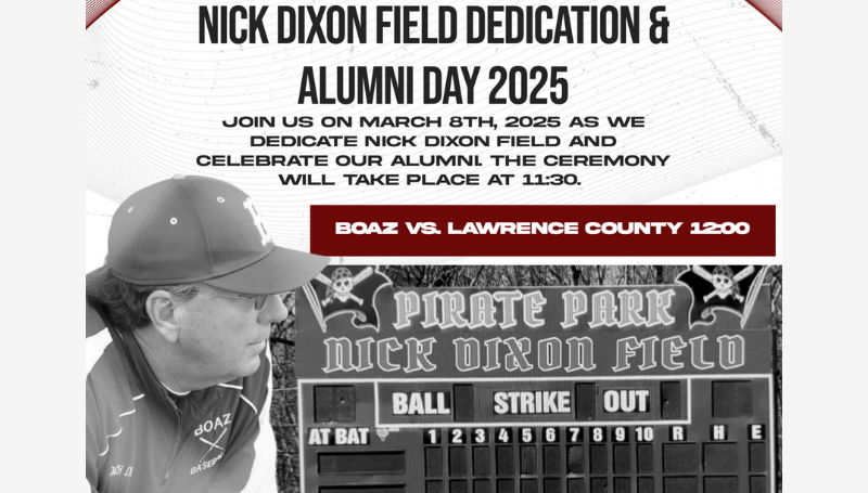 Join us on March 8, 2025, at 11:30 AM for the dedication of Nick Dixon Field at Pirate Park. 

boazk12.org/post-details/~…