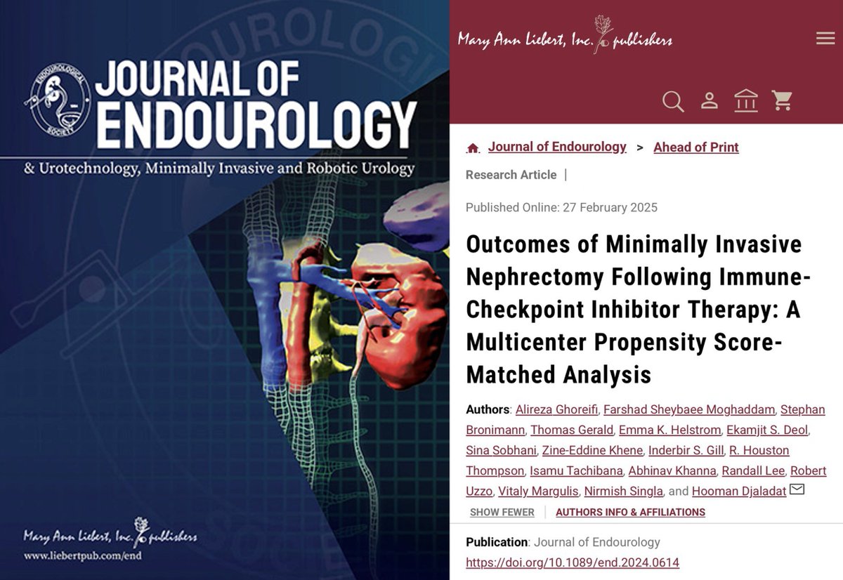 Alireza Ghoreifi, MD (@alirezaghoreifi) on Twitter photo 📢Published online today in <a href="/JEndourology/">Journal of Endourology</a>!
🏥5 canters > 158 cases
After PSM > MIS vs open Nx:
⬇️EBL and LOS
➡️90d complications and readmissions
0⃣90d mortality
<a href="/Hoomandjaladat/">Dr. Hooman Djaladat</a> <a href="/FarshadSheybaee/">Farshad Sheybaee Moghaddam</a>
🔗liebertpub.com/doi/10.1089/en… 📢Published online today in <a href="/JEndourology/">Journal of Endourology</a>!
🏥5 canters > 158 cases
After PSM > MIS vs open Nx:
⬇️EBL and LOS
➡️90d complications and readmissions
0⃣90d mortality
<a href="/Hoomandjaladat/">Dr. Hooman Djaladat</a> <a href="/FarshadSheybaee/">Farshad Sheybaee Moghaddam</a>
🔗liebertpub.com/doi/10.1089/en…