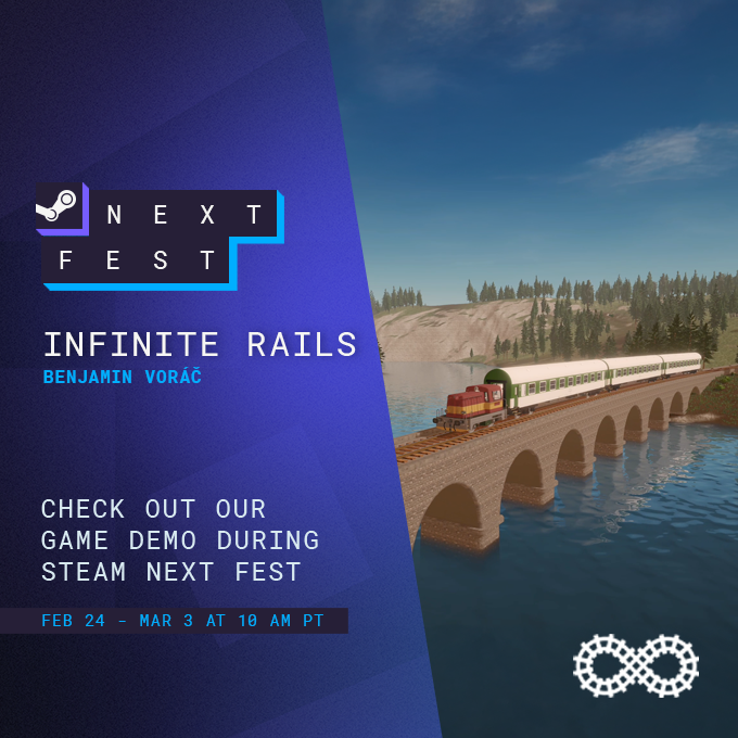 🚂 Big news! The Infinite Rails demo is LIVE right now on Steam Next Fest! 🚆 Jump in, build endless tracks, and explore the ultimate train sandbox. This is just a sneak peek of what's coming—let me know what you think! 🔥

Play now! 👉 store.steampowered.com/app/3507160/In…