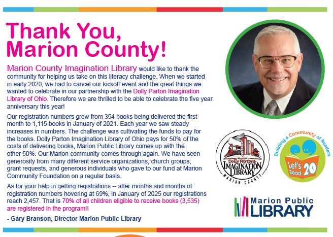 Let's Read 20 (@letsread20) on Twitter photo Thank you for 5 years of <a href="/ImaginationOhio/">Dolly Parton's Imagination Library of Ohio</a> in Marion County! Thank you for 5 years of <a href="/ImaginationOhio/">Dolly Parton's Imagination Library of Ohio</a> in Marion County!