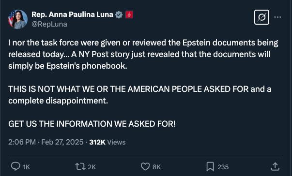 acnewsitics's tweet photo. MAGAs want the full Epstein files, but they were duped. Sorry, Donnies name is all over them... https://t.co/jBrxV47VrO
