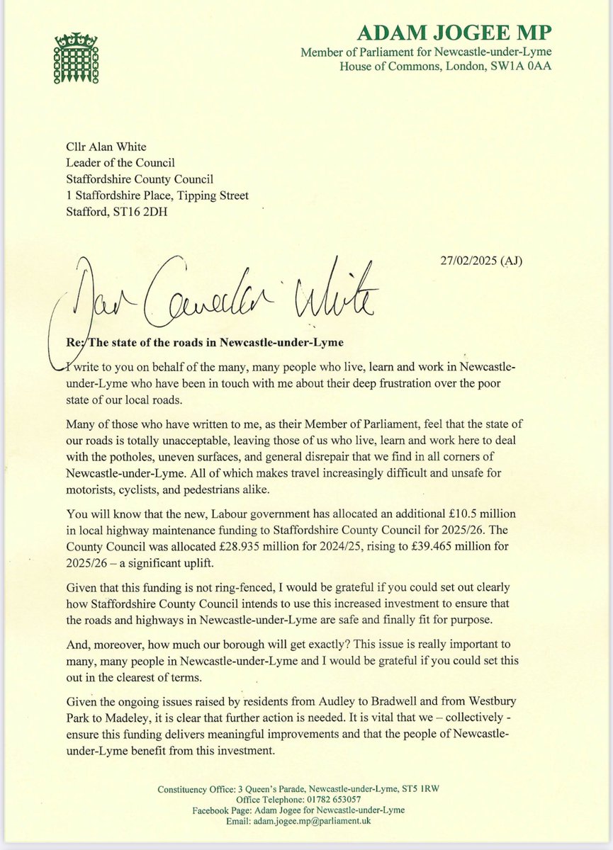 AJogee's tweet photo. Fixing our roads has got to be a priority.

I hear from people across Newcastle-under-Lyme every day about the poor condition of our roads.

The govt has increased funding and the County Council must now act. 

See my letter to the Leader of the County Council 👇 #LoveNuL 🇬🇧🌹 https://t.co/DmLf59edMW