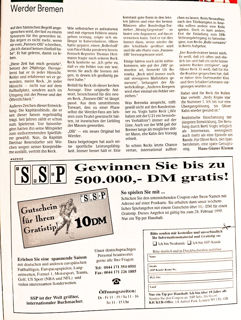 kicker_fuma's tweet photo. "Oliver Reck - Ollis neue Flugbahn"

(Aus: Fuma 1/1995)

#reck #werder #s04 #dfb #botd #happybirthday https://t.co/86CGWbVrhZ