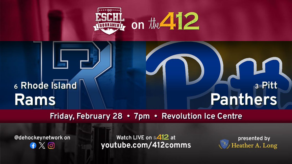 The <a href="/ESCHLhockey/">ESCHL</a> Postseason Tournament is just around the corner!

Friday's quarterfinal doubleheader matchups at  <a href="/revo_ice_centre/">Revolution Ice</a>:
4pm: <a href="/syracusehockey/">Syracuse Men's Hockey</a> vs. <a href="/drexelhockey/">Drexel University Ice Hockey</a> 
7pm: <a href="/URIhockey/">URI Hockey</a> vs. <a href="/hockeyclubpitt/">Men’s Ice Hockey Club at Pitt</a> 

Watch the entire tournament on #the412 at: youtube.com/412comms