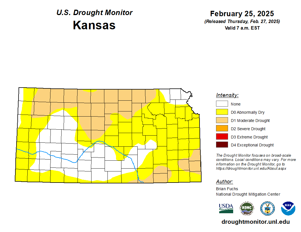 kswateroffice's tweet photo. Weekly #ksdrought monitor: Western and southern parts of the state are seeing new D0 conditions. D1 conditions have started to appear in southeastern Kansas. Northern Kansas remains unchanged from last week. #kswater https://t.co/HAth5X1xKQ