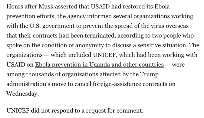 ddiamond's tweet photo. Update: Hours after Musk asserted that USAID had "restored" Ebola prevention, the agency informed several organizations working with USAID on Ebola prevention that their contracts were being cancelled, two people tell me + @John_Hudson. 

One of those groups was UNICEF. https://t.co/crnaY9EJaY
