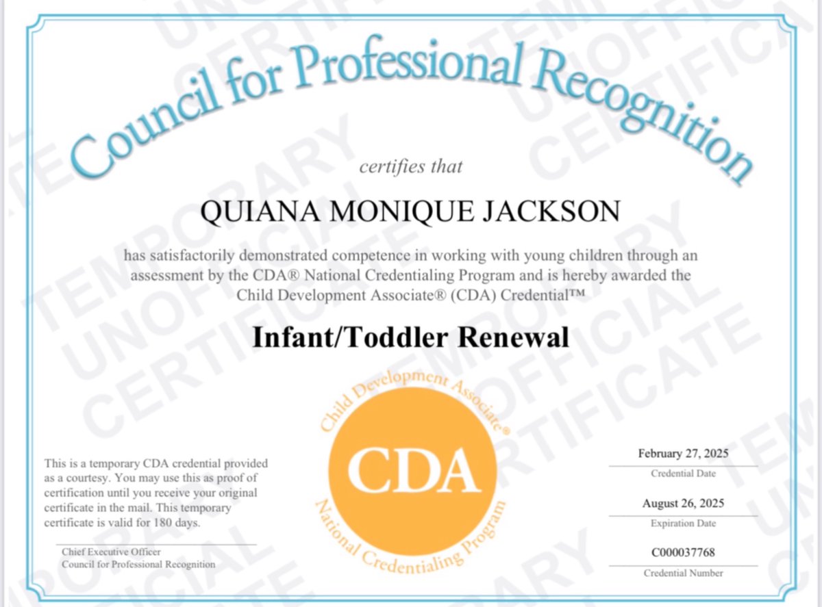 Congratulations to Quiana Jackson on renewing her CDA credentials! Keep making a difference in the lives of young learners—your hard work and passion shines through!
#Congratulations #CDA #EarlyChildhoodEducation #TrainingInnovationsLLC #ChildDevelopment #CDARenewal