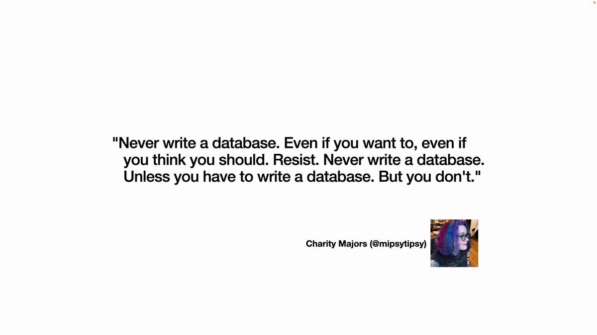 Have you tried rubbing a database on it? (@hytradboi) on Twitter photo <a href="/T0bias_Brandt/">Tobias Brandt (@tobiasbrandt.bsky.social)</a> <a href="/Iainlreland/">Iain Ireland</a> <a href="/AlexMillerDB/">Alex Miller</a> <a href="/thinkingfish/">Yao Yue 岳峣</a> Talk 28: "Good thing we're not writing a database" by Peter van Hardenberg (<a href="/pvh/">Peter van Hardenberg</a>) <a href="/T0bias_Brandt/">Tobias Brandt (@tobiasbrandt.bsky.social)</a> <a href="/Iainlreland/">Iain Ireland</a> <a href="/AlexMillerDB/">Alex Miller</a> <a href="/thinkingfish/">Yao Yue 岳峣</a> Talk 28: "Good thing we're not writing a database" by Peter van Hardenberg (<a href="/pvh/">Peter van Hardenberg</a>)