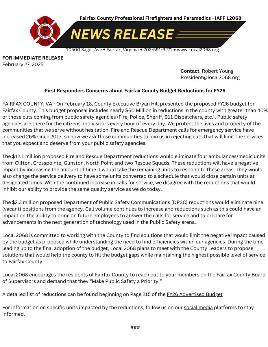 🚨 Fairfax County’s FY26 budget cuts $60M, with 40% from public safety! Fewer ambulances, longer response times &amp; reduced 911 staffing put lives at risk. Tell the Board: Public Safety MUST be a priority! #ProtectFairfax #Local2068 #IAFF