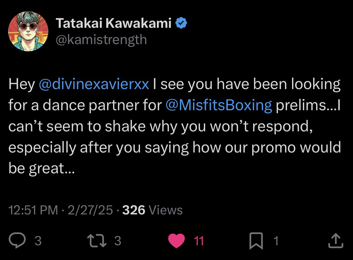 Tatakai Kawakami (<a href="/kamistrength/">Tatakai Kawakami</a>) has called out DivineXavier (<a href="/divinexavierxx/">DIVINE</a>) to fight on Misfits prelims!

How do y’all see this match ending?

[<a href="/MisfitsBoxing/">Misfits Boxing</a>]