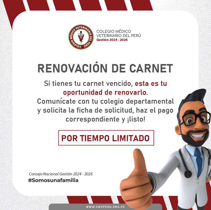 𝐑𝐄𝐍𝐎𝐕𝐀𝐂𝐈𝐎́𝐍 𝐃𝐄 𝐂𝐀𝐑𝐍𝐄𝐓𝐒
Nuestro compromiso es trabajar por nuestros colegiados por ello, es momento de renovar tu carnet con estos simples pasos:
M{as información aquí: facebook.com/share/p/14rL8U…
.
#colegiomedicoveterinariodelperu