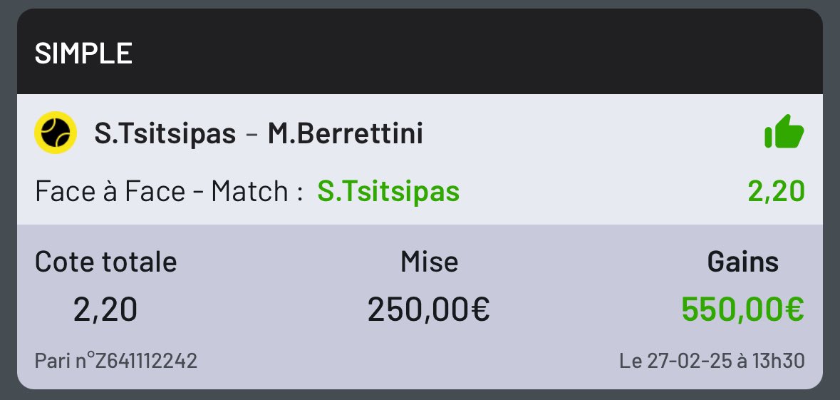 BoozPronos's tweet photo. Depuis la reprise après 15 j de coupure c'est un 100% de réussite 😎

5/5 et + de 2000€ de BÉNÉFICES 

RUBLEV 2.05 ✅
CILIC 1 SET 2.50 ✅
CILIC 6.70 ✅
CILIC 2.05 ✅
TSITSIPAS 2.20 ✅

Pour l'occasion je fais gagné 3x50€ TAS demain 16h00

RT &amp; ❤️ pour participer 

#TeamParieur https://t.co/4JWjlBceIt