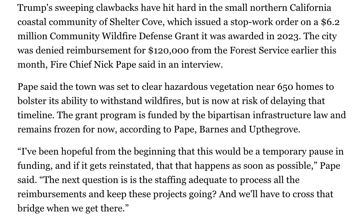 jordanwolman's tweet image. Picking out this nugget from this week's story with @natsfert subscriber.politicopro.com/article/2025/0…
Shelter Cove, in @JaredHuffman's California district, is now unsure whether it can complete a wildfire prevention project on its original timeline