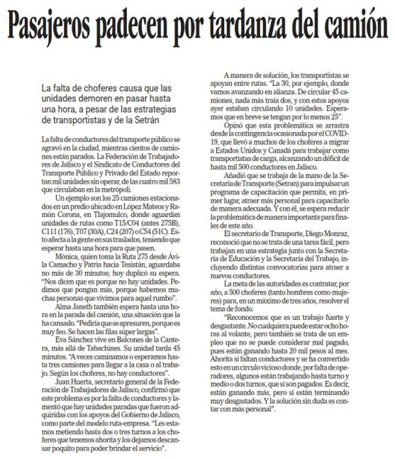 La crisis del transporte en Jalisco es insostenible. Desde el escritorio del IMEPLAN desaparecieron rutas esenciales, creyendo que el Macrobús bastaba. 

Ahora, a esto se suma la falta de conductores: mil camiones están fuera de servicio y miles de personas esperan hasta una hora