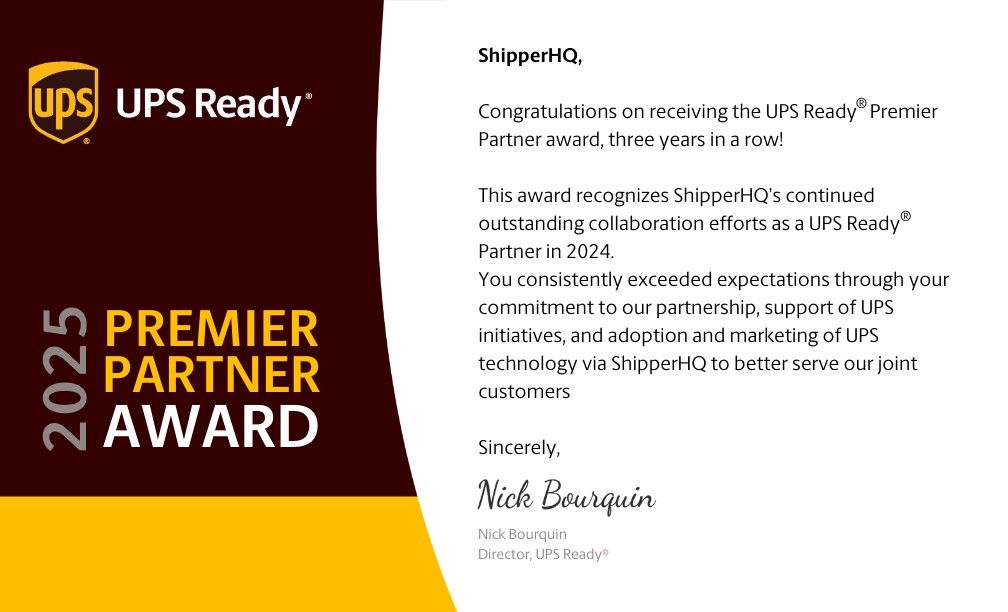 We’re excited to share that ShipperHQ has been named a UPS Ready® Premier Partner (again!) 

Only a handful of partners receive this recognition each year, and for the third year in a row, we’re honored to be on that list. But for us, it’s not just about the award, it’s about
