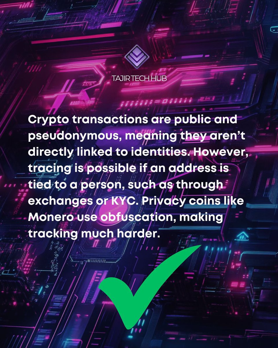 TJRMtoken's tweet image. Crypto isn’t fully unanimous! Most, like Bitcoin and Ethereum, are pseudonymous, with transactions recorded publicly and traceable if linked to you. Trade smart! #TJRM #TajirTechHub