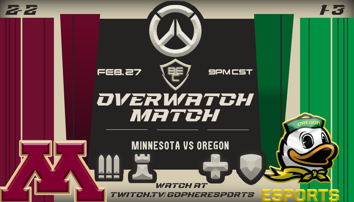 🚨 <a href="/BigEsportsConf/">Big Esports Conference</a> OVERWATCH MATCH TONIGHT AT 9PM CST 🚨

🔥 <a href="/GopherEsports/">GopherEsports</a> VS. <a href="/UOEsports/">University of Oregon Esports</a> 🔥

WATCH AT:
📺 twitch.tv/gopheresports

CASTERS:
🎙️ @ akua
🎙️ <a href="/BOON1ECasts/">Boonie</a> 

#Overwatch2 #GoGophers #SkiUMah