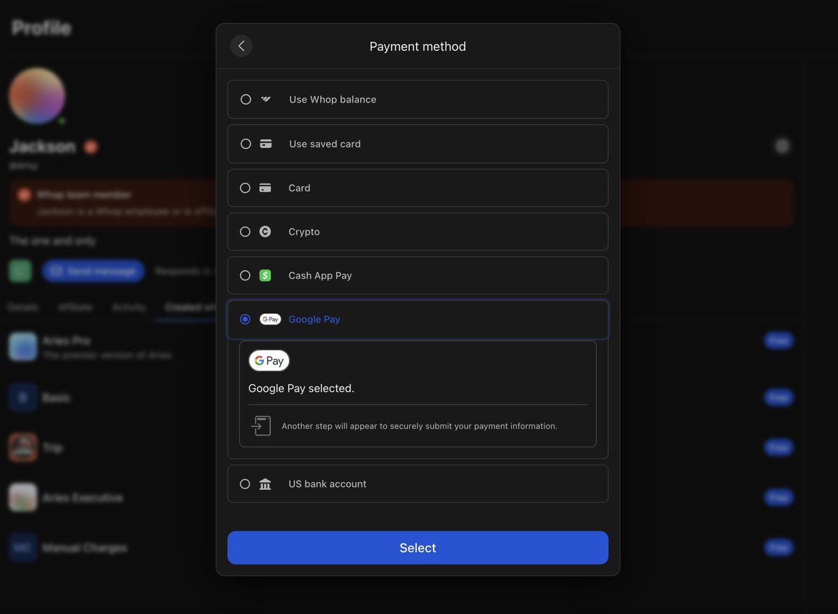 You can now use
- card
- crypto
- Cash App Pay
- Apple Pay
- Google Pay
- ach 
to send money to anyone on Whop!